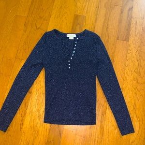 Michael Kors Navy and Silver V-Neck Long Sleeve Sweater with Glass Buttons